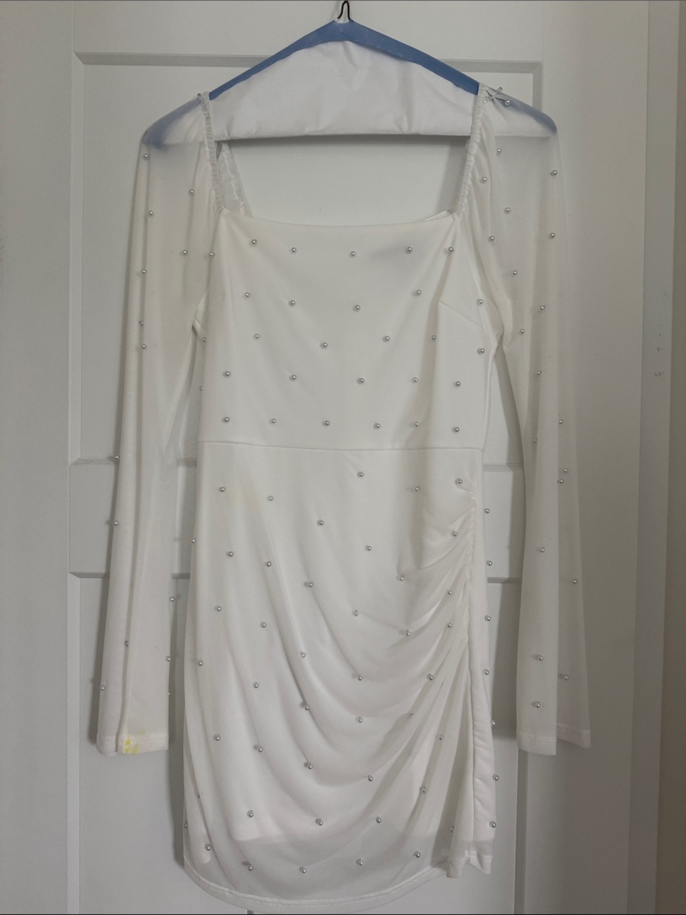Lulu's Pearl Beaded Long-Sleeve Ruched Mini Dress